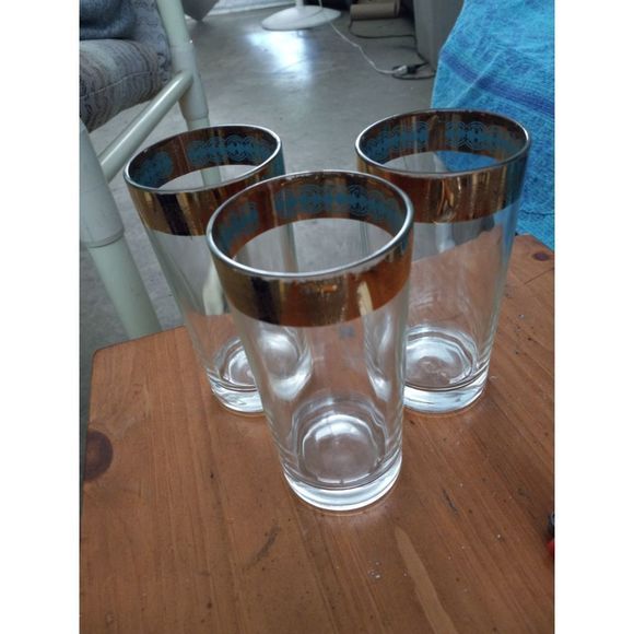 Culver vintage 60s set of 3 gold rimmed and teal drinking glasses - Picture 1 of 4
